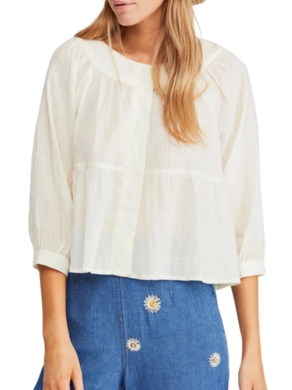 Free People Sea to Shore Ivory Quarter Length Sleeve Blouse